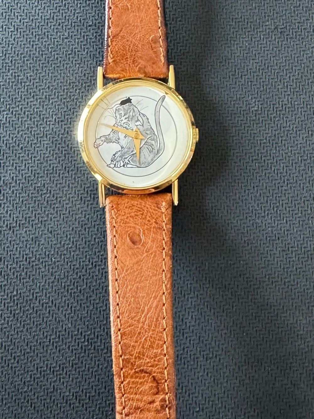Vintage Cat & Mouse Playing Wrist Watch with an Ostrich Grain Band